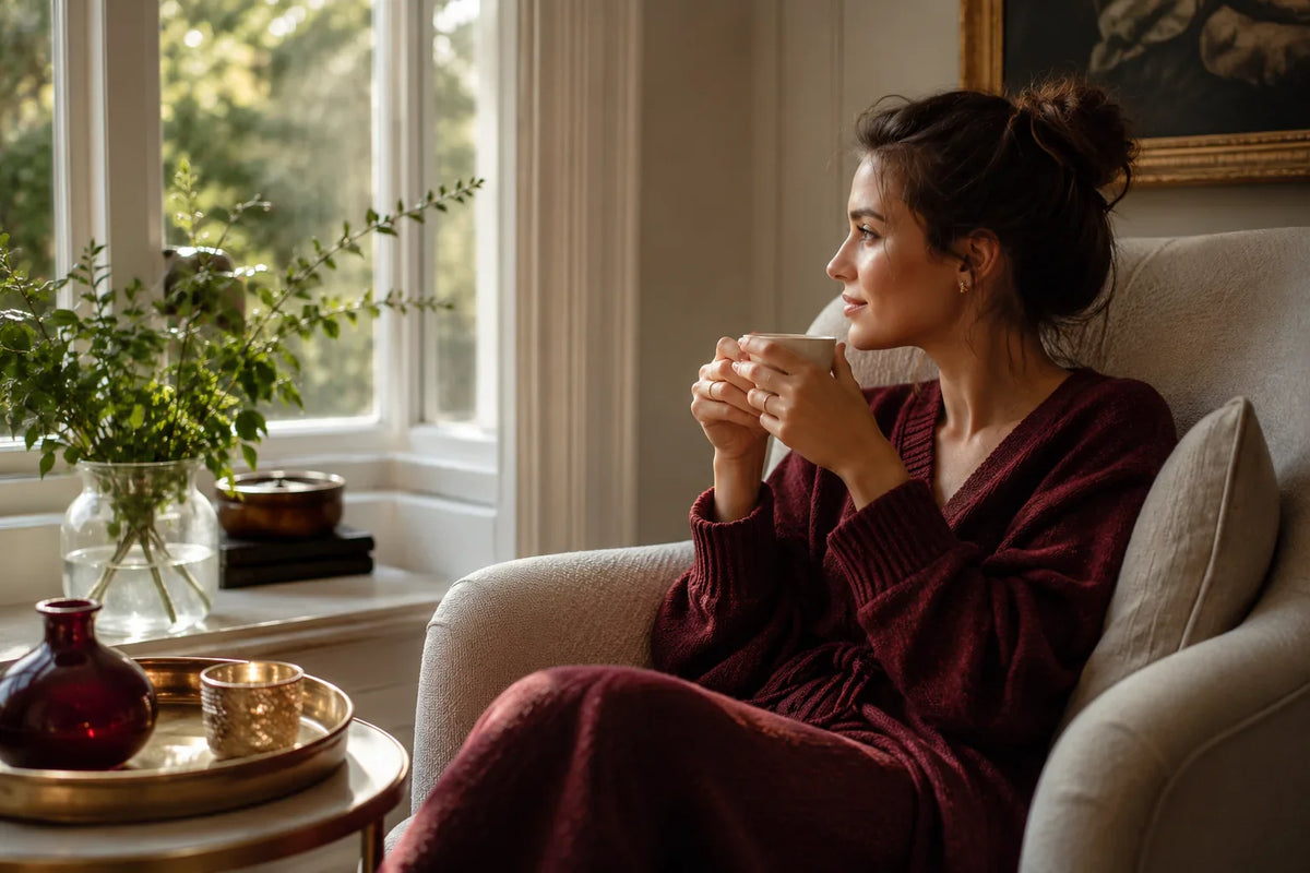 Personne détendue tenant une tasse chaude dans une ambiance apaisante