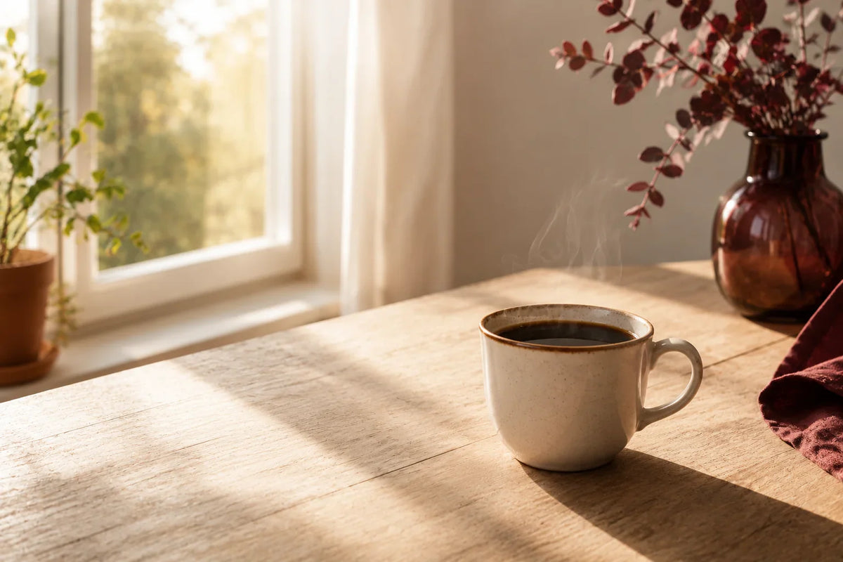 Tasse de café le matin à jeun sur une table épurée près d'une fenêtre