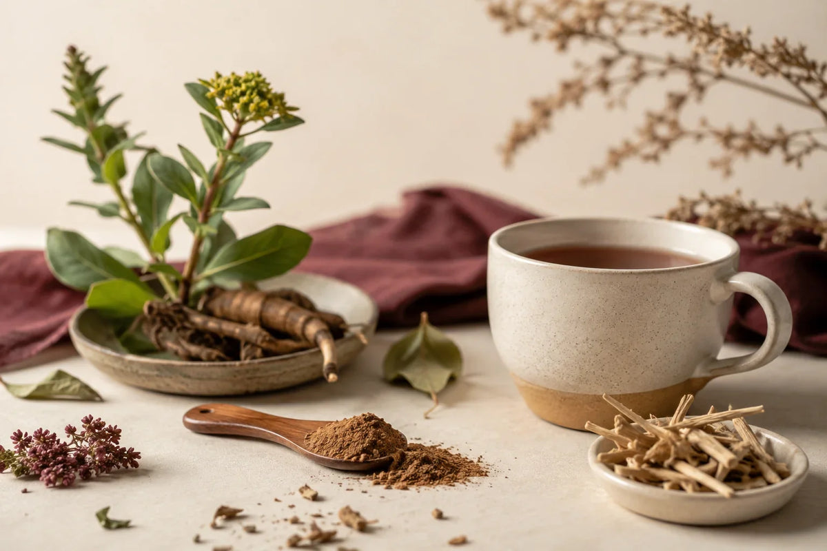 A cup of green tea and fresh leaves in a peaceful setting