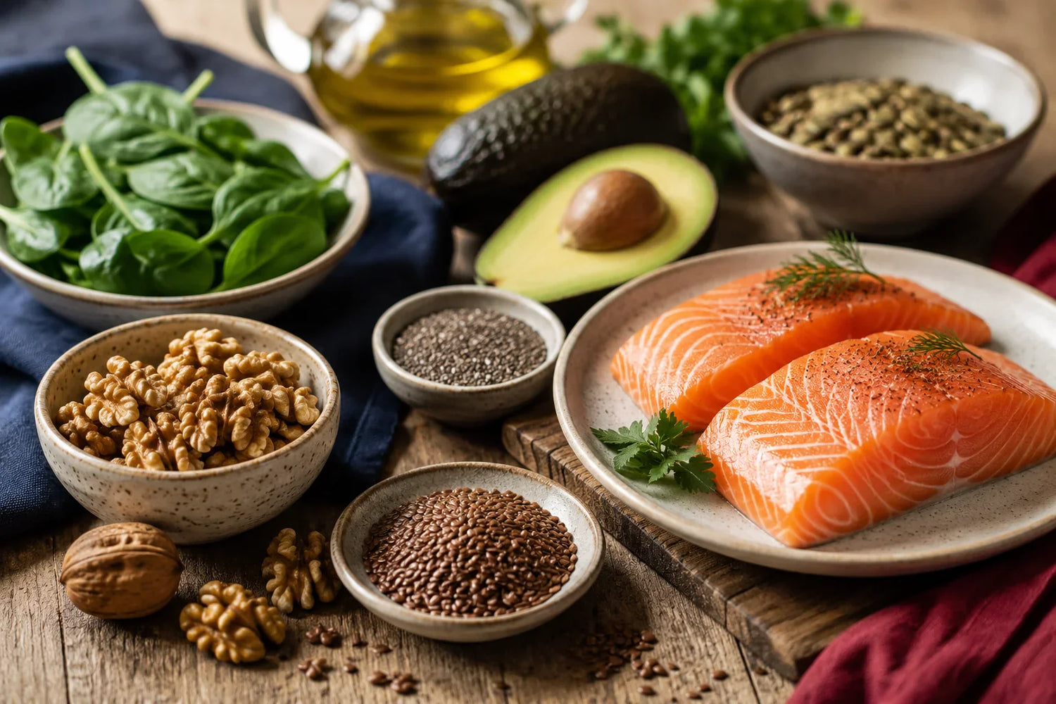 Aliments riches en oméga 3 sur une table en bois