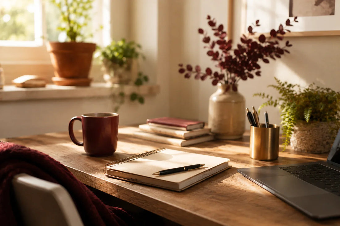 Bureau épuré avec tasse et carnet, ambiance concentration et clarté mentale