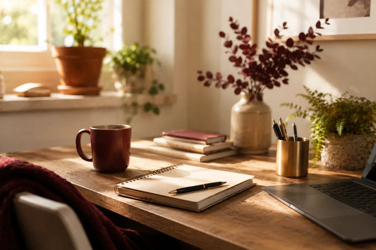 Bureau épuré avec tasse et carnet, ambiance concentration et clarté mentale