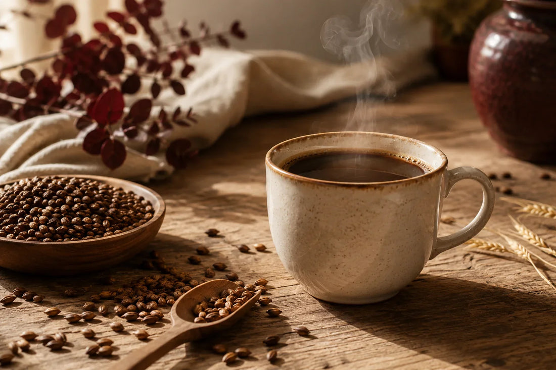 Tasse de café d'orge avec grains d'orge torréfiés