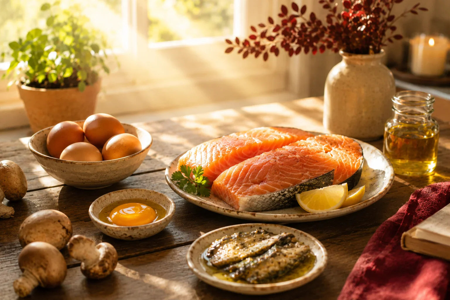 Lumière du soleil et aliments riches en vitamine D sur une table