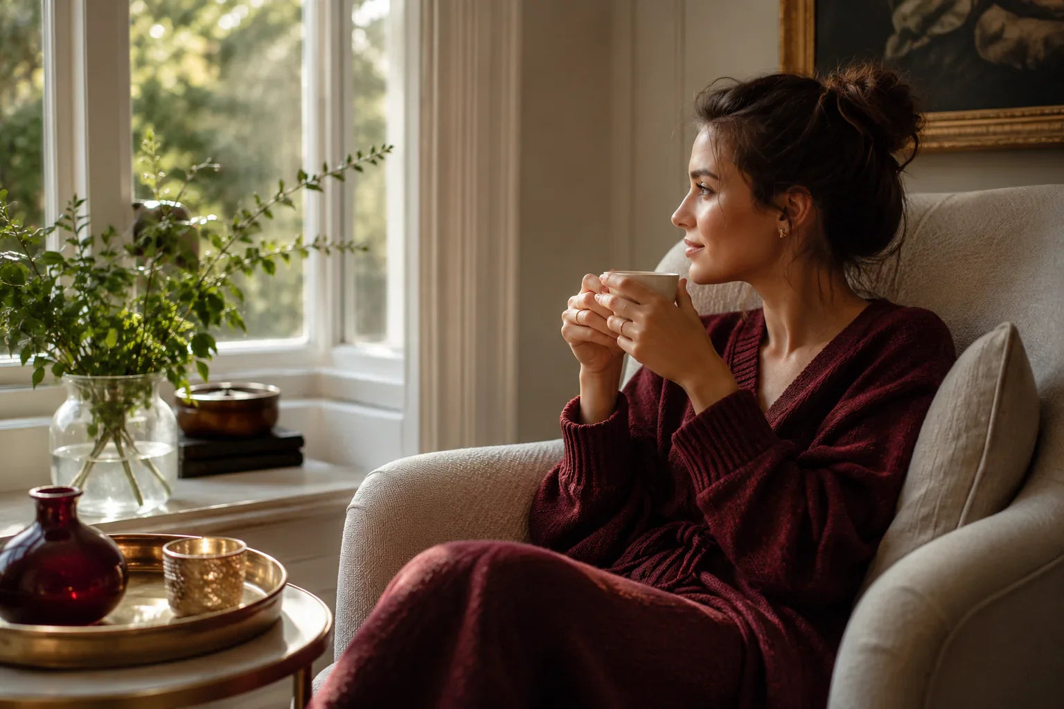 Personne détendue tenant une tasse chaude dans une ambiance apaisante