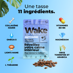 “Wake Sérénité Automne, super café adaptogène au collagène marin, présenté avec ses 11 ingrédients actifs dont oméga-3, vitamines B5 B6, magnésium, L-théanine, Lion’s Mane, orge torréfiée et arabica.