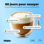 Tasse de Wake, super café adaptogène au collagène marin, illustrant énergie durable, motivation naturelle, récupération optimisée et soutien immunitaire