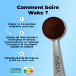 Guide de préparation du Wake, super café adaptogène au collagène marin, avec cuillère doseuse et instructions d’utilisation