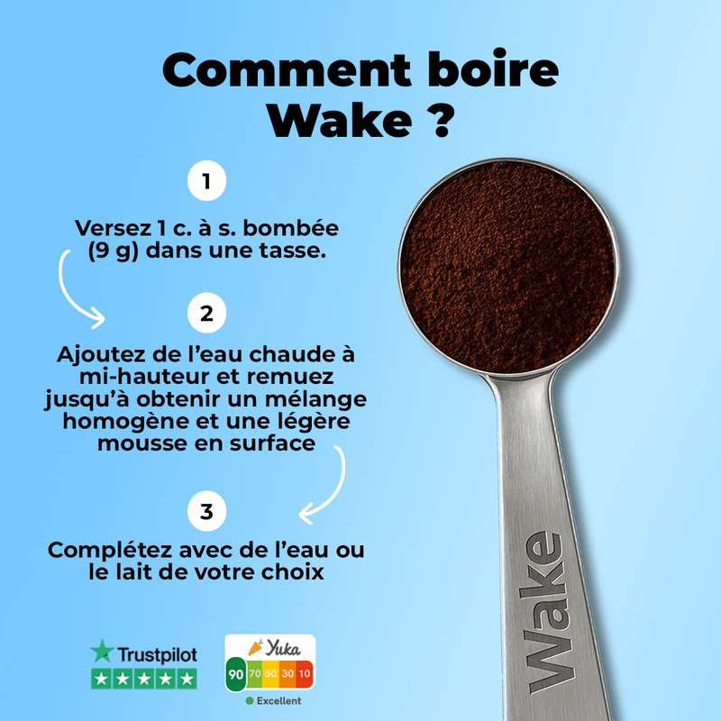 Guide de préparation du Wake, super café adaptogène au collagène marin, avec cuillère doseuse et instructions d’utilisation