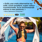Avis d’une diététicienne sur Wake, super café adaptogène au collagène, accompagné de la photo d’une athlète franchissant une ligne d’arrivée