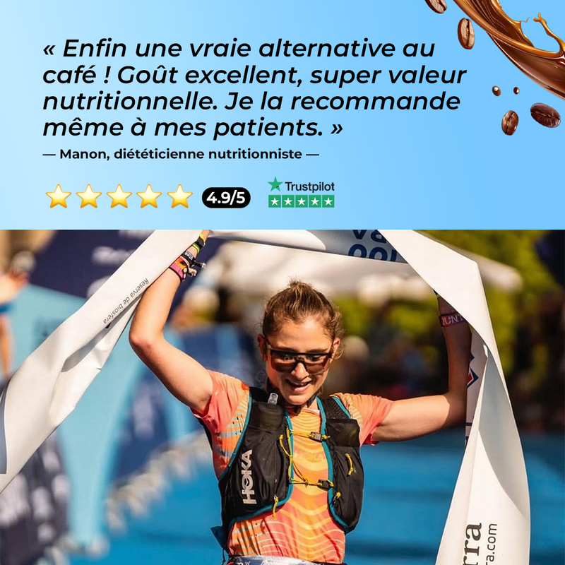 Avis d’une diététicienne sur Wake, super café adaptogène au collagène, accompagné de la photo d’une athlète franchissant une ligne d’arrivée
