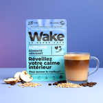 Wake Sérénité Automne, super café adaptogène au collagène, présenté comme complément alimentaire tout-en-un avec une tasse préparée et des ingrédients naturels comme champignons fonctionnels, orge et grains de café.