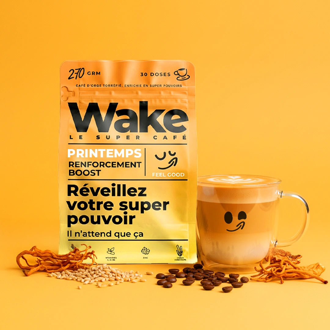 Wake : café d'orge torréfiée et Arabica, enrichi en adaptogènes. 5 mg de caféine par tasse.